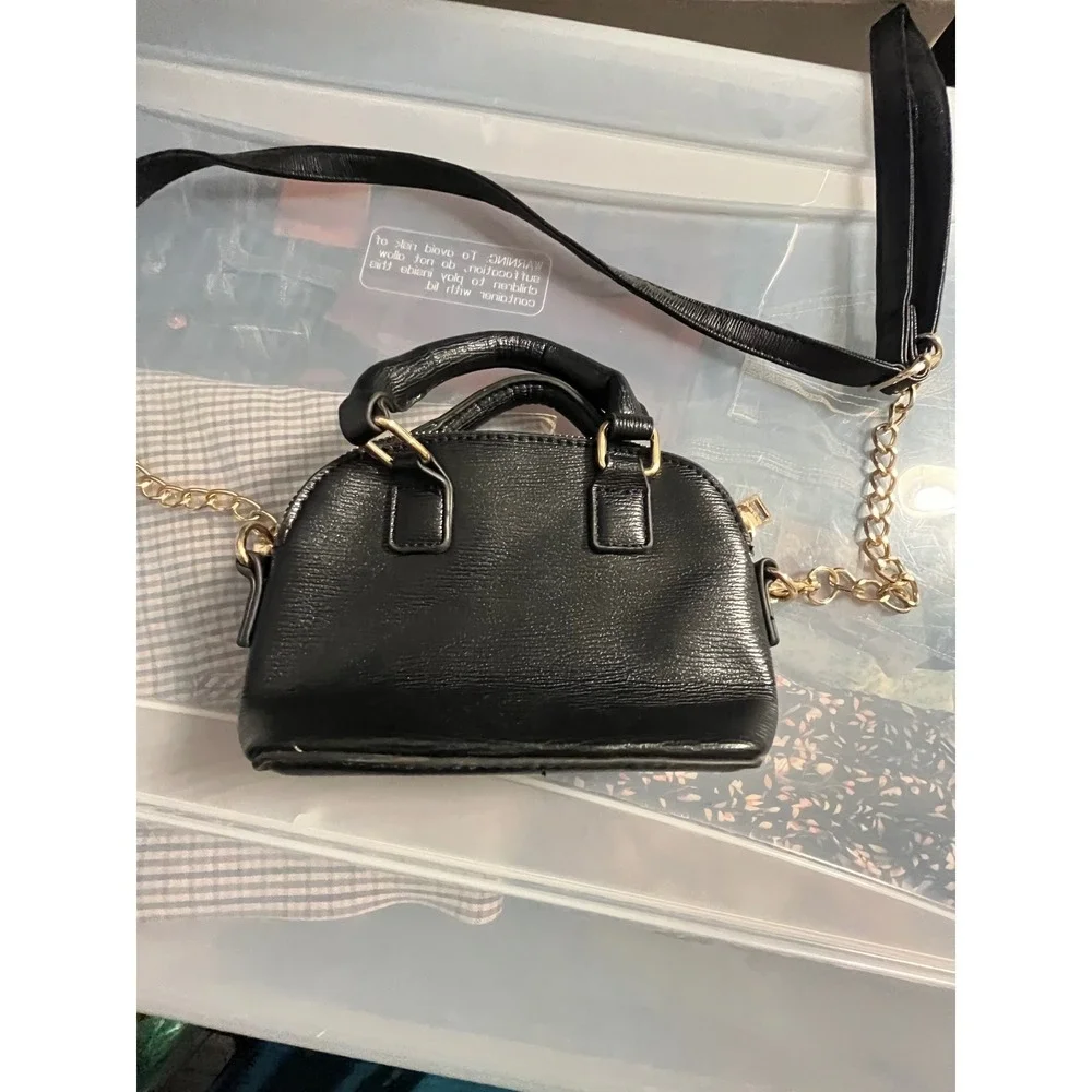 Bebe Black Mini Dome‎ Satchel Crossbody Bag Gold Logo Chain Textured Handbag